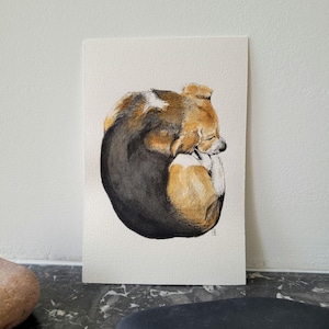 Original watercolor, Beagle, dog, nap, animal watercolor, 10x15 cm