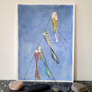 Watercolor and pastel, paper fish, koinobori in the wind, A3