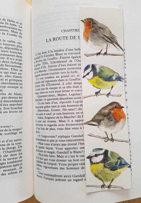 Marque Page Original Oiseaux Rouge Gorge Et Mésange Bleue Fait Main Aquarelle