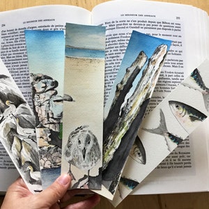 Lesezeichen, Original-Aquarelle, 5er-Set über die Bretagne, Vögel, Fische, Landschaften...