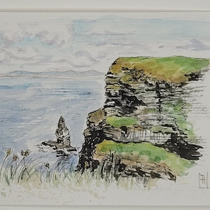 Aquarelle originale, falaises de Moher, Cliffs of Moher, Irlande, 10x15 cm