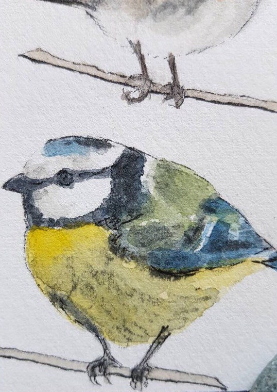 Marque Page Original Oiseaux Rouge Gorge Et Mésange Bleue Fait Main Aquarelle