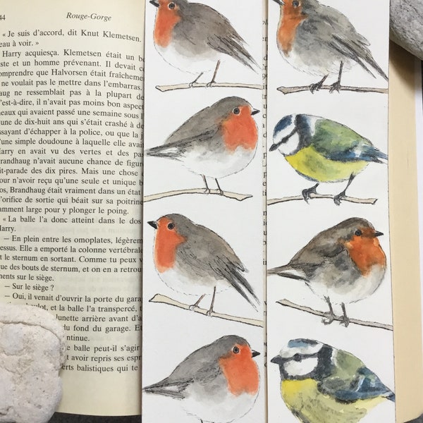 Bookmark with birds, redbreast and blue tit, handmade, original watercolor