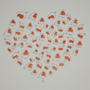 Acquerello originale, fiore o cuore di pettirosso a scelta, uccellini innamorati, uccellini in fiore, 20x20 cm