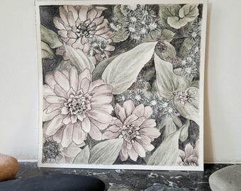 オリジナルでユニークな水彩画 | 夏の花、ジニア | サイズ 20x20 cm