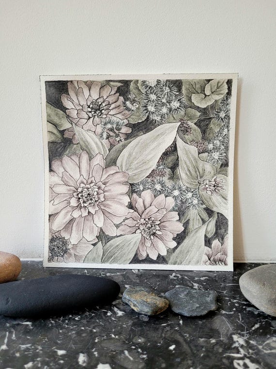 オリジナルでユニークな水彩画 | 夏の花、ジニア | サイズ 20x20 cm