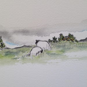 Paisaje escocés con ovejas, acuarela original única, 10x15 cm