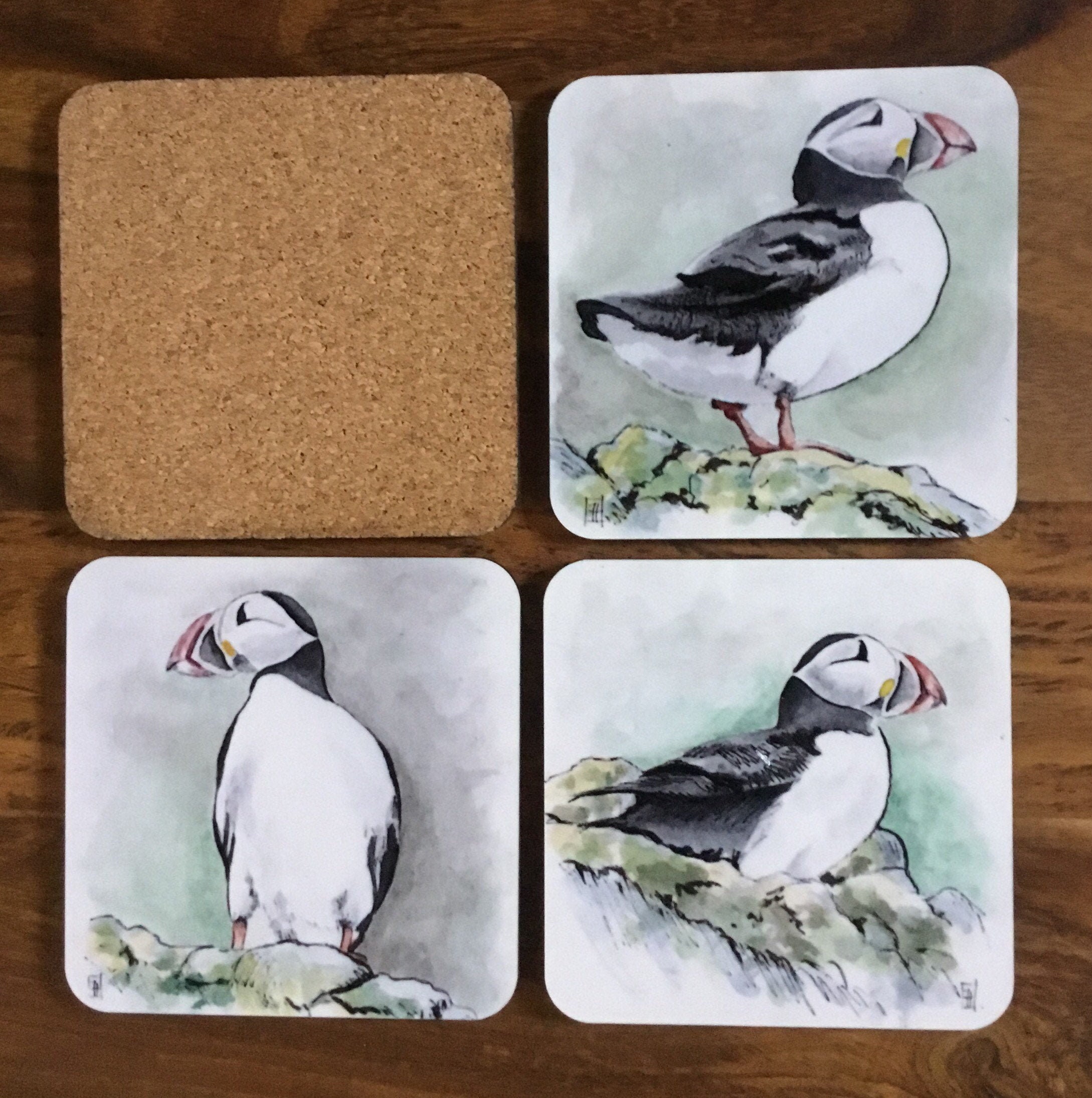 Lot de 4 Sous-Verres Macareux, Dessin Original