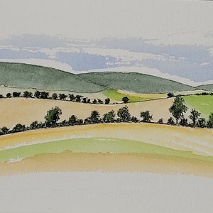 Aquarelle originale campagne, paysage, Berry, France, entre Bourges et Sancerre, 10x15 cm