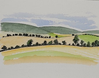 Aquarelle originale paysage, Berry, France