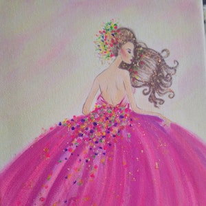 Diva de la mode en robe rose à paillettes/peinture acrylique originale/jolie en rose/peinture d&#39;illustration