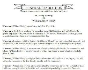 Funeral Resolution Template: Editable Church Memorial (Word Document)