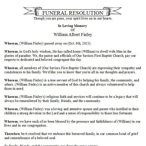 Funeral Resolution Template Etsy