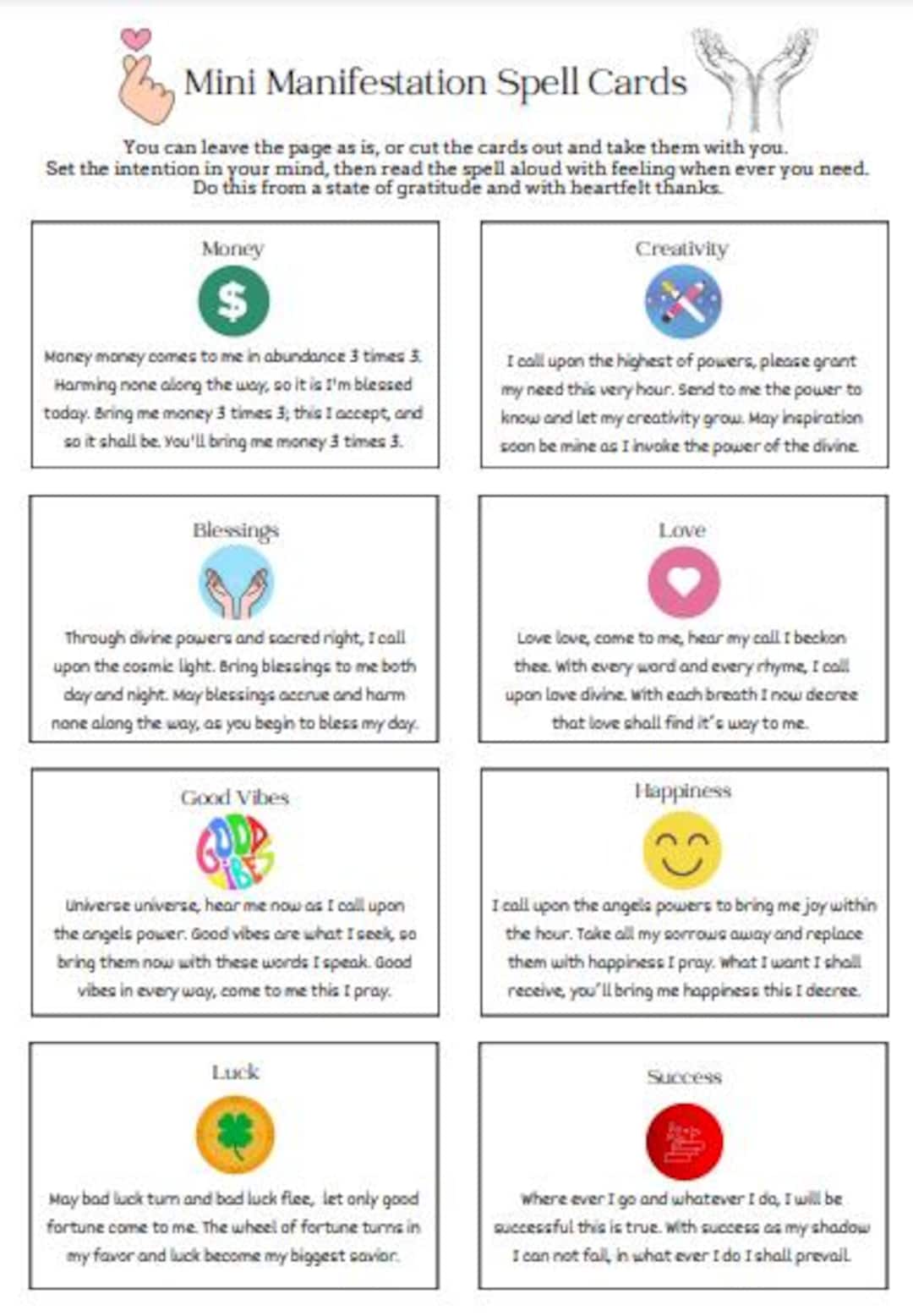 Printable Spell Cards: Manifestation Cheat Sheet (digital Download) - Etsy