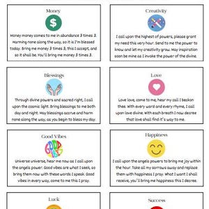 Op de afbeelding: Een vel met Mini Manifestatie Spell Cards met tekst en symbolen voor geld, creativiteit, zegeningen, liefde, goede vibes, geluk, geluk en succes. De kaarten zijn ontworpen om uit te knippen en te gebruiken voor intentie-instelling.