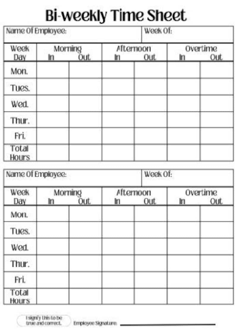 Digital Printable, Employee, Bi-weekly, Time Sheet, Work Log, Employee ...