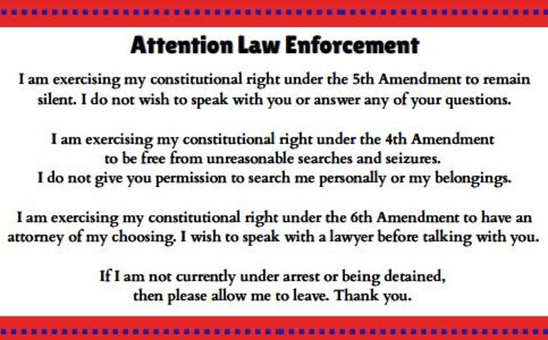 Constructional Rights Card Know Your Rights Card: Police Traffic Stop - 4th & 5th Amendment ...
