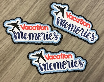May include: Three die-cut stickers featuring a black airplane silhouette, the red text Vacation, and the dark blue script text memories. Each sticker has a light blue border and a thick black outline, creating a layered effect for the design.