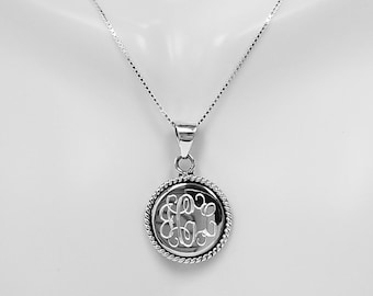 Sterling Silver Round Rope Edged Monogram Pendant, Personalized Pendant