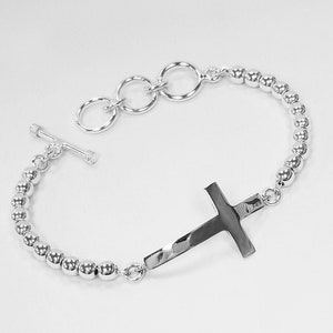 925 Sterling Silver Sideway Cross Bead Bracelet,