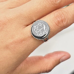 Sterling Silver Rope Edge Round Monogram Ring