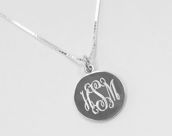Sterling Silver Personalized Round Disc Pendant Necklace: Engraved Monogram 16mm Disc