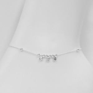 Sterling Silver Star Charm Anklet: Stars & Bead Adjustable Anklet Chain