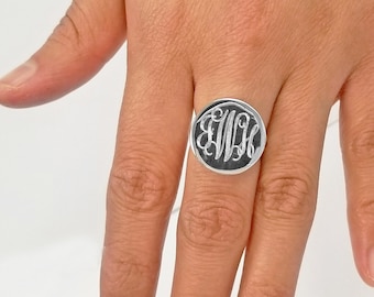 Sterling Silver Round Engraved Ring, 925 Silver Round Monogramed Ring