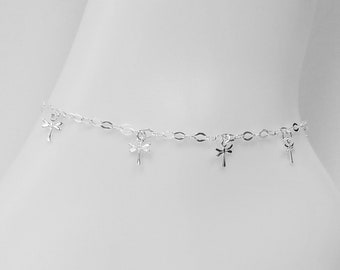 Silver Dragonfly Anklet, Sterling Silver Anklet w/ dangling dragonflies