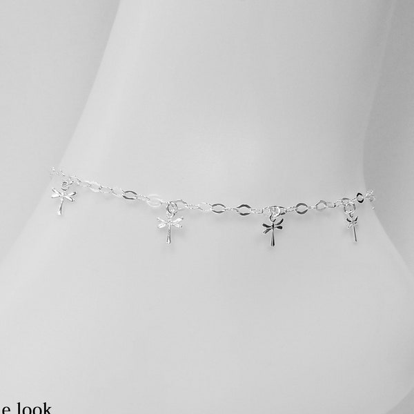 Silver Dragonfly Anklet, Sterling Silver Anklet w/ dangling dragonflies