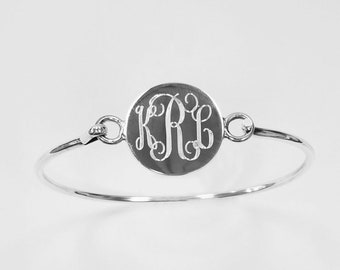 Ladies Sterling Silver Round Monogram Bracelet, 925 Silver Ladies Round Engraved bangle bracelet