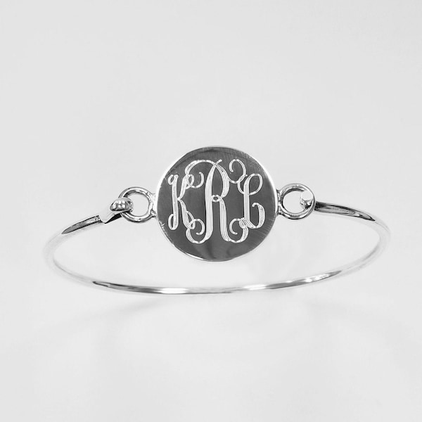 Ladies Sterling Silver Round Monogram Bracelet, 925 Silver Ladies Round Engraved bangle bracelet