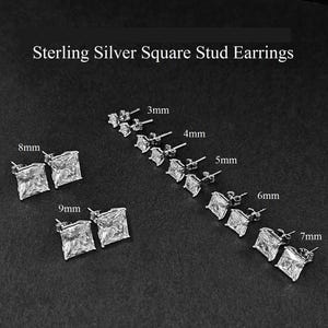 925スターリングシルバースクエアキュービックジルコニアスタッドイヤリング：3mm-9mm