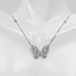 Sterling Silver Baguette CZ Butterfly Charm Necklace - Elegant Art Crafted Design