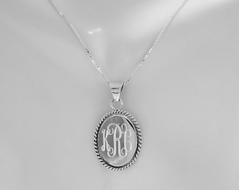 Sterling Silver Oval rope edge Pendant w/ Monogram, 925 Sterling Silver Personalized Pendant