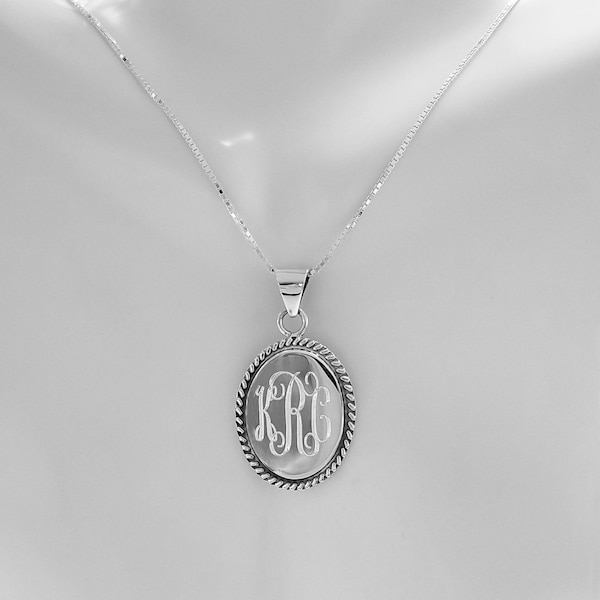 Sterling Silver Oval rope edge Pendant w/ Monogram, 925 Sterling Silver Personalized Pendant