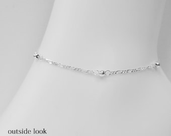 925 Sterling Silver Figaro Chain Anklet: Beaded Design