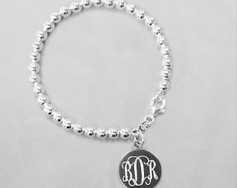 Silver 5MM/6MM/8mm Bead Bracelet, Sterling Silver Bead Bracelet w/Engraved on Circle Disc