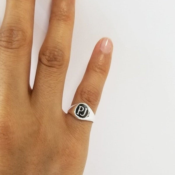 925 Sterling Silver Pinky Oval or Round  Lady's Signet Ring, Monogram Ring