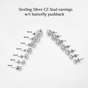 Sterling Silver Cubic Zirconia Studs Earrings, 3mm/4mm/5mm/6mm/7mm/8mm