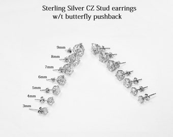 Sterling Silver Cubic Zirconia Studs Earrings, 3mm/4mm/5mm/6mm/7mm/8mm