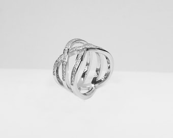 925 Sterling Silver Rhodium Finished CZ Entwined Ring,  Sterling Silver  Entwined Statement Ring