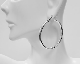 Sterling Silver 3mm or 4mm Round Tube Plain Hoop Earrings - Secure Click Top