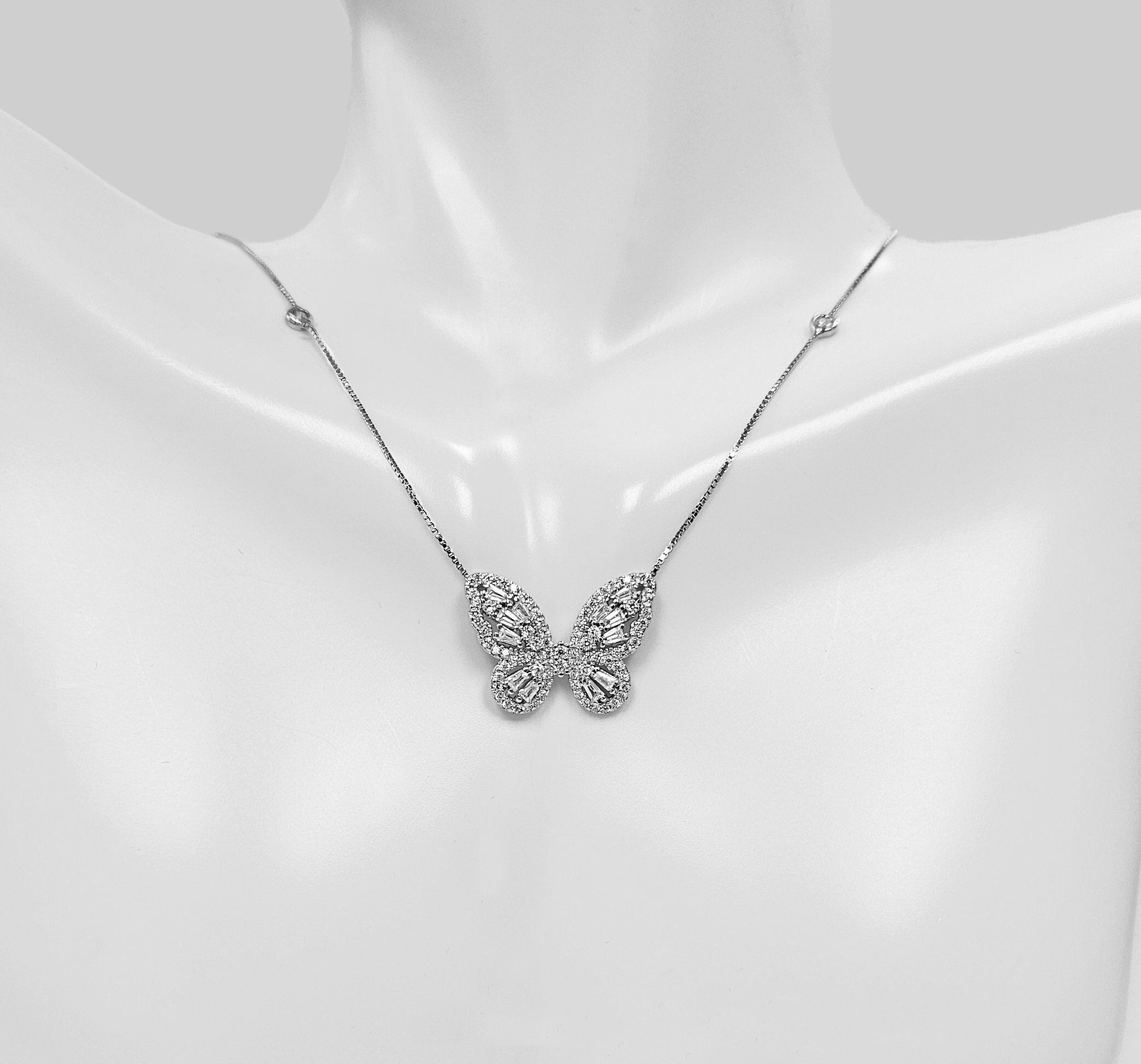 Sterling Silver Baguette CZ Butterfly Charm Necklace - Elegant Art Crafted Design