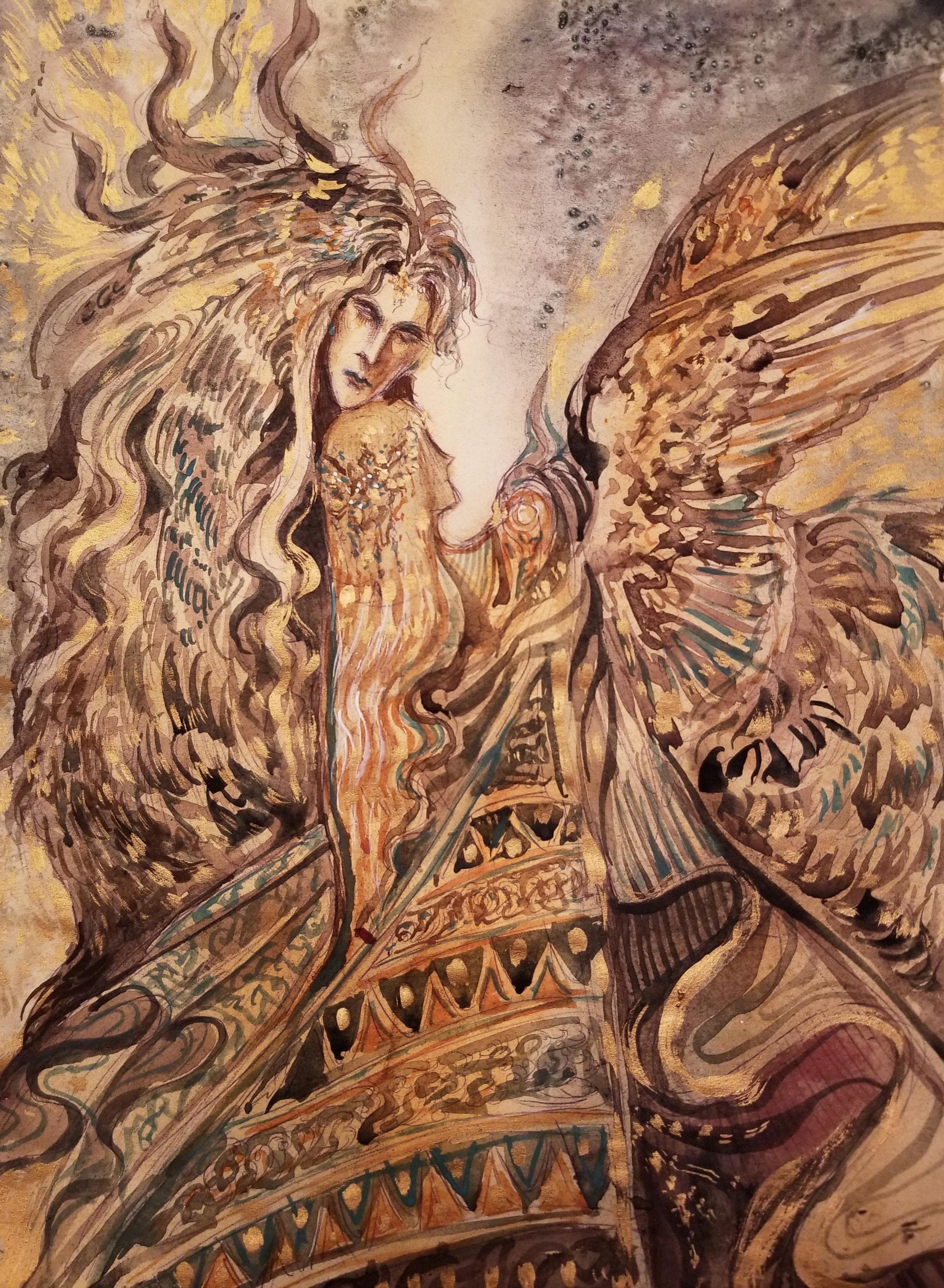 オリジナルスフィンクス女神水彩画：シュールな古代エジプト神話の秘教