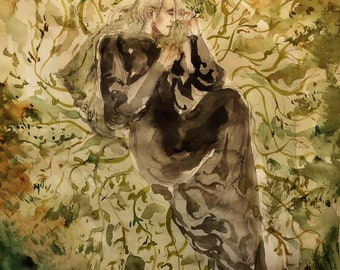 The Widow Original Painting Forget Me Not Flowers Androgynous Victorian Gothic Widow's Weeds Clothing Edwardian Romantic Dreamer Melancholy