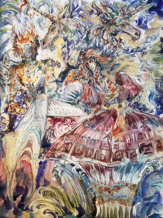 オリジナル ゴブリン王と女王の水彩画：シュールな神話的風景画 - Etsy