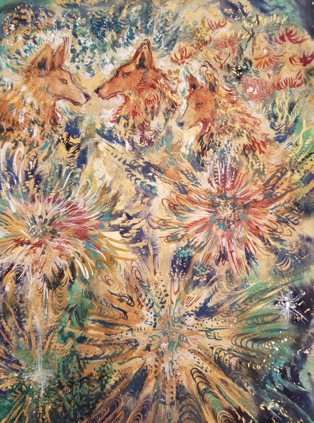 ORIGINAL Chrysanthemums Watercolor Painting: Whimsical Animal