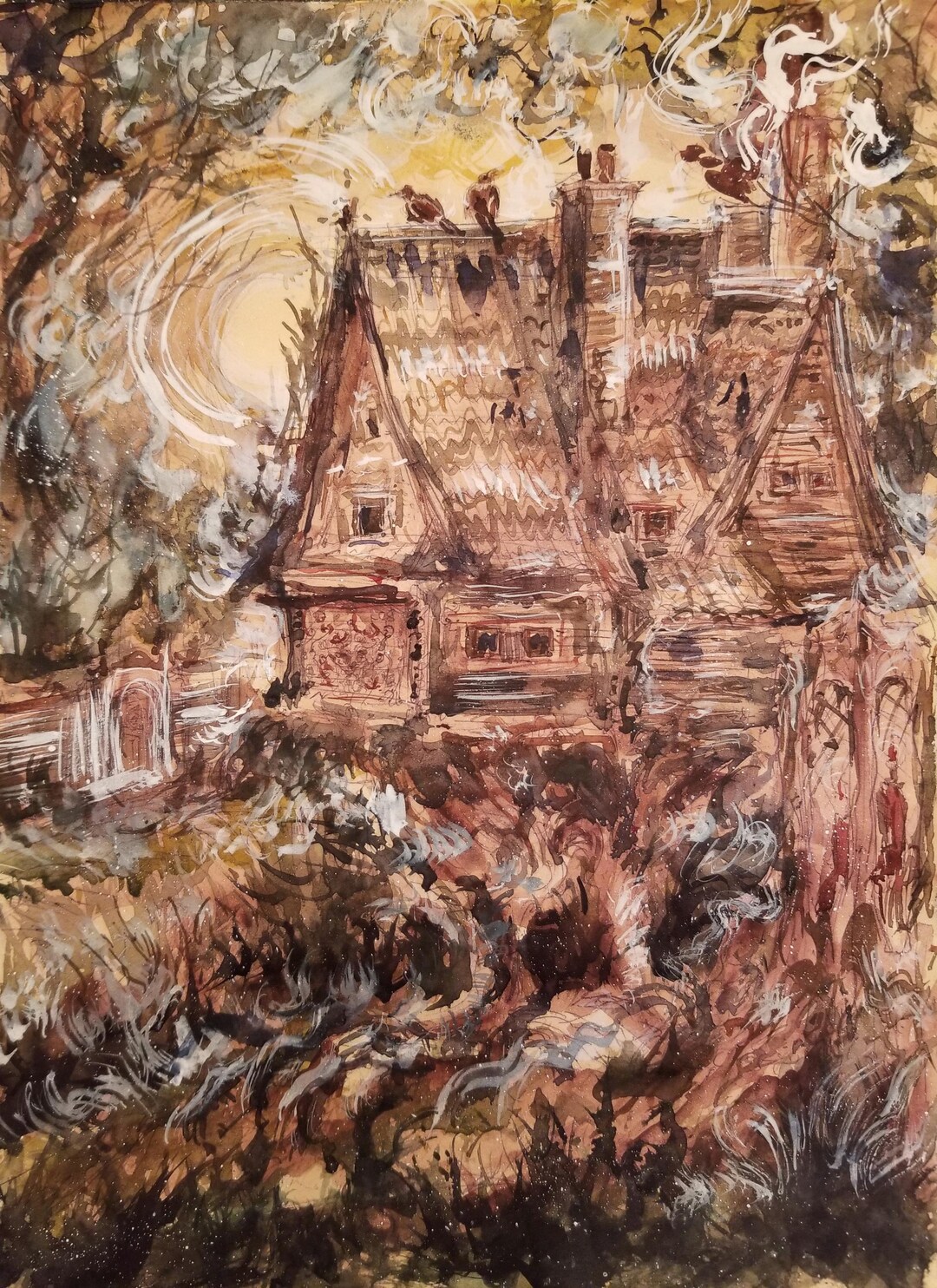 オリジナル ババ・ヤガハウス 水彩画：森の魔女の小屋 秋の