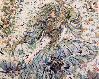 ORIGINAL Spring Goddess Watercolor Painting: Flowers Birds Ambrosia Fruit Surreal Mythic Dancer Fantasy Art